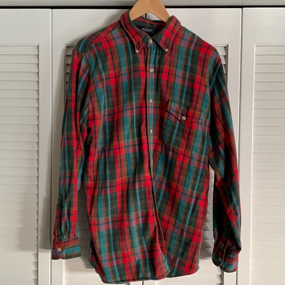Woolrich Men’s Cotton Flannel Shirt Red Green Blue Plaid Button Down Size Large